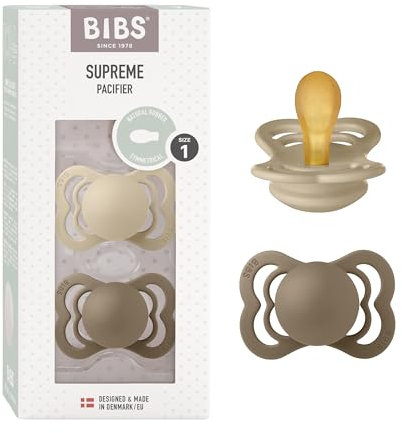 BIBS Supreme Schnuller 2er-Pack, BPA-frei, Symmetrischer Nippel. Naturkautschuk/Latex, Hergestellt in Dänemark. 0-6 Monate (2er Pack), Vanilla/Dark Oak