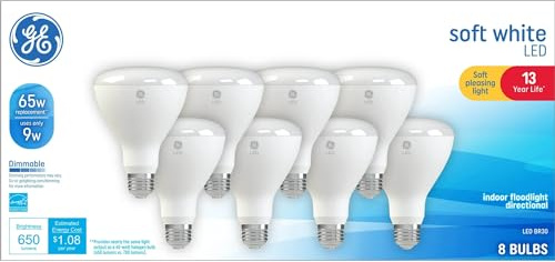 GE LED 9-Watt, 650 Lumens, (65W Equivalent) Soft White, BR30 Indoor Floodlight Bulbs, E26 Medium Base, 13-Year Life, 8pk