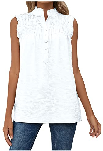 Oberteile Damen Sommer Tank top Damen Sport Spitzen Einfarbig Stehkragen Plissiert Patchwork Tanktop Chiffon Bluse mit Knöpfen Ärmellos Tunika Blusentop t Shirt Weiss(Weiss, L)