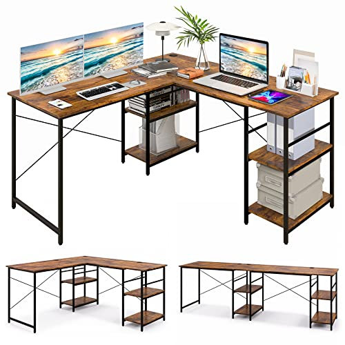 GOPLUS Escritorio en Forma de L Con Estantes de Almacenamiento, Industrial de Madera de 29M, Largo para 2 Personas, Grande de PC, 242×60×75CM