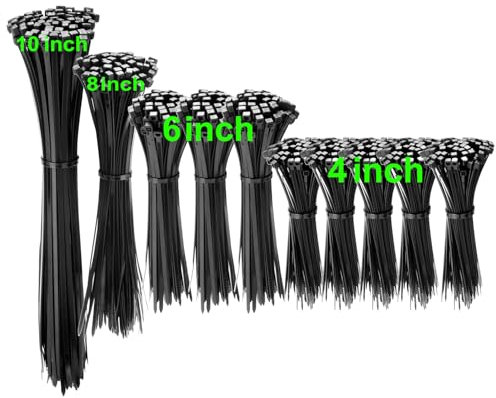 Viuxule Black Nylon Cable Ties, 1000 Pack, Assorted Sizes 100/150/200/250mm, 2.5/3.6mm Width, UV Resistant, Self Locking, 18kg Strength