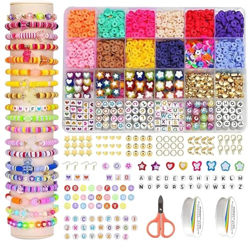 newplenty Perlen für Armbänder,Perlen Set für Armbänder Selber Machen,6mm Clay Perlen Buchstaben Perlen,Freundschaftsarmband Selber Geschenk für Mädchen (Bunte Perlen Set)