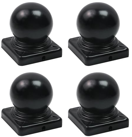 Tsnamay Zaunpfostenkappen mit Kugel, Pfostenkappen mit Kugelkuppel, Deckpfostenkappen mit Schrauben für 6 x 60 mm Metallpfosten, Schwarz, 4 Stück | Für 60 mm, kuppelförmige Deckpfostenkappen mit Schrauben, Metallpfosten, Balkon, Veranda, Innentreppen