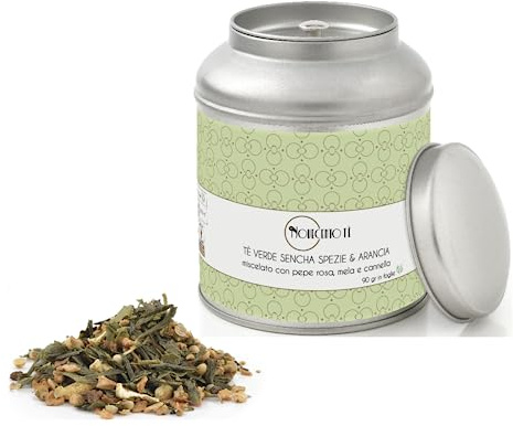 Novecento Tè® | Tè Verde Sencha Spezie e Arancia | Verde Sencha Cannella Arancia in Foglie - 90 Gr | Tè Verde Speziato Sencha Pepe Rosa Mela Cannella