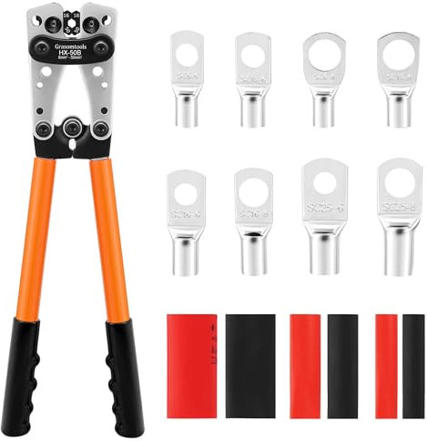 Battery Cable Lug Crimping Tool with 60Pcs Copper Ring Terminals 8 Sizes Cable Lugs and 60pcs Heat Shrink Tubing Set, Heavy Duty Wire Crimper for Battery Wire Terminal (HX50B Crimper+60PCS Terminals)