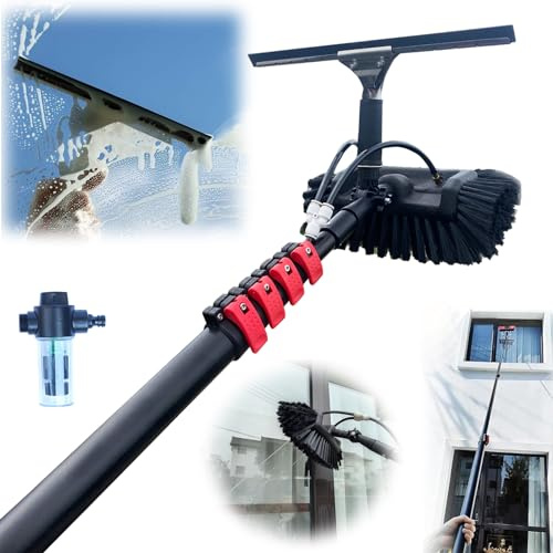 YFSMBD Teleskopstange mit 5-Flächen-Bürste und Seifenspender,Fensterreinigung mit Teleskopstiel 3.6-10.8m, Teleskopbürste mit Wasseranschluss zur Reinigung von Solaranlage Terrassenüberdachung (9M)
