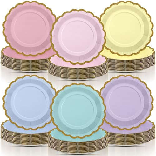 Tiangrid 96 Pcs Pastel Paper Plates 9 Inch Gradient Scalloped Paper Disposable Dinner Dessert Plates for Easter Birthday Wedding Bridal Party Supplies, 6 Colors