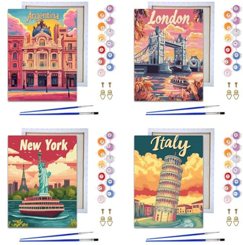 Reofrey Enmarcado Pintura por Numeros Adultos Edificio Nacional - 4Piezas 20x30cm Cuadros Para Pintar Por Numeros Incluye Pinceles Y Acrílicos - Arte Relajante Para Principiantes, Decoración Del Hogar