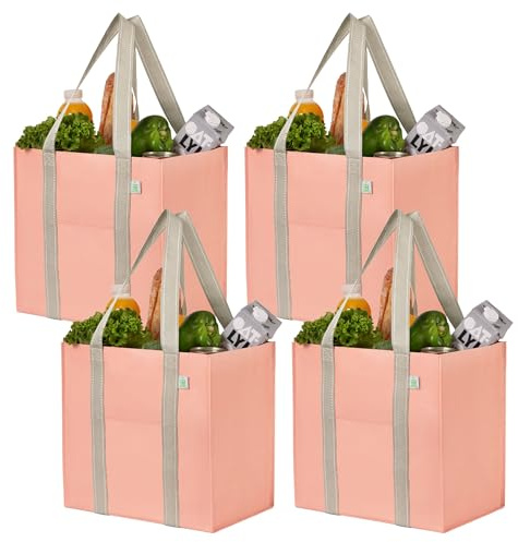 VENO Pack of 4 foldable shopping bags with handles and hard base for standing, reusable, can be used as shopping baskets and bags (pink, pack of 4)