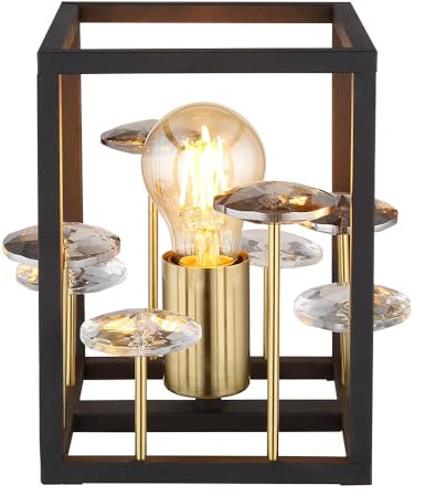 Tischleuchte Kristalle Retro Beistellleuchte schwarz gold Nachttischlampe Kristallleuchte Glas, Metall, E27 Fassung, LxBxH 15x15x20 cm