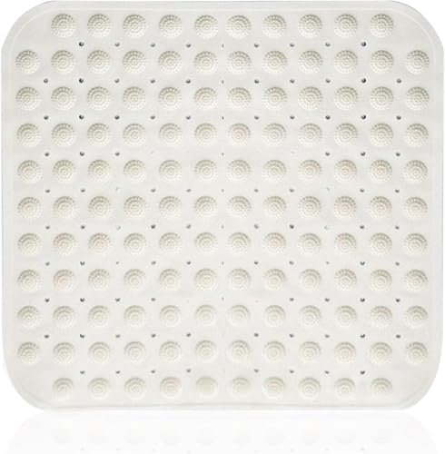 Shower Mat, Non Slip Square Bath Mat, 48 x 48 cm Shower Mat Non-Slip, Non-Slip mat With Suction Cups, Suction Cups Machine Washable Square, for Sauna, Shower Room, Drain Holes（White）