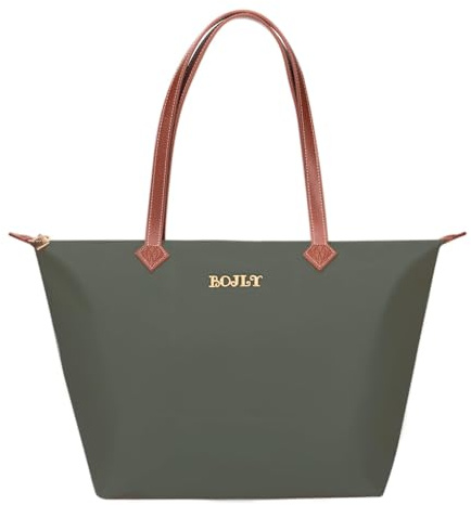 BOJLY Tote Bag Groß Shopper Tasche Damen, Leichte Faltbare Handtasche, Wasserdichte Nylon Schultertasche Damen mit Reißverschluss für Arbeit, Schule, Einkauf, Reisen (Waldgrün)