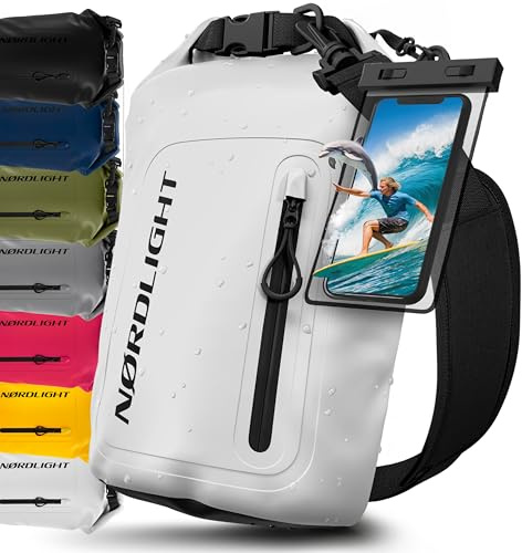 Nordlight Dry Bag Vattentät Väska med Mobilfodra+ Rullstängning, Axelrem | Drybag Vattentät Ryggsäck Packsäck Våtbag Packväska | Simning Strand Stå Upp Paddling Kanotpaddling - Vit, 10 Liter