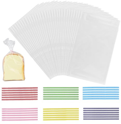 100 Stück Durchsichtige Cellophantüten groß 25x15 cm Süßigkeiten Geschenkbeutel mit 100 bunten Krawatten Geeignet klarsichttüten, transparente Zellophantüten für Süssigkeit Chocolate Brot Mitgebsel