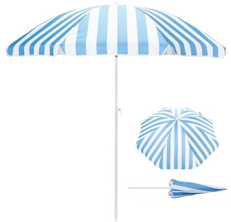Ombrellone da Spiaggia Portatile a Strisce con Palo Inclinabile, Ombrellone da Giardino con Anti UV da 180 Cm, per Terrazza, Cortile, Piscina