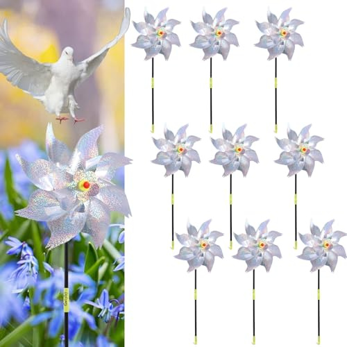 Lot de 10 moulins à vent pour jardin, anti-oiseaux, carillon éolien, anti-pigeons pour terres agricoles, verger, jardin, cour (blanc)
