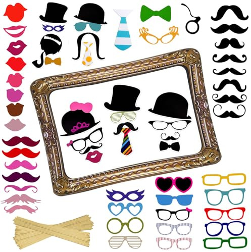 59 Stück Foto Requisiten - Fotobox Accessoires Aufblasbarer Fotorahmen Fotorequisiten Hochzeit PartyzubehöR, Geburtstag Aufblasbar Set mit Pailletten Glitzer für Party Feste Hochzeit Karneval