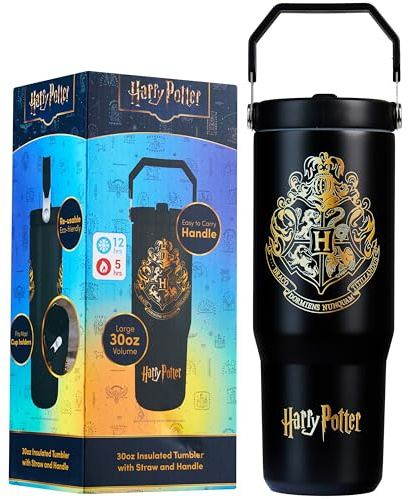 Get Trend Harry Potter Botella Termica con Pajita y Asa 850ml, Vaso Térmico Antigoteo Reutilizable, Taza Acero Inoxidable, Bebidas Frías y Calientes (Negro Harry Potter)