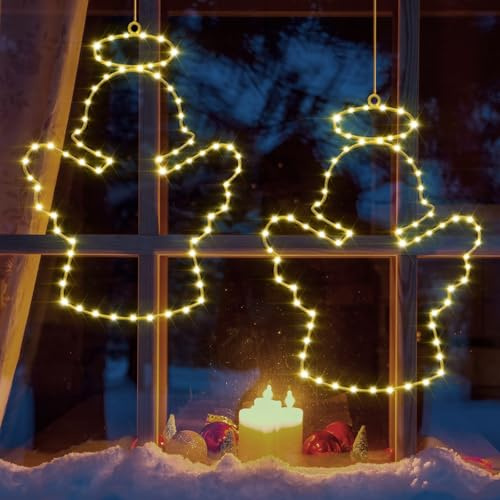 Therlan Beleuchtet Engel Weihnachtsdeko Lichterketten, 2 Stück 70 LEDs Batteriebetrieben Weihnachtsbeleuchtung Fensterdeko mit Timer, Weihnachten Lichter Deko für Fenster Balkon Garten, Warmweißen