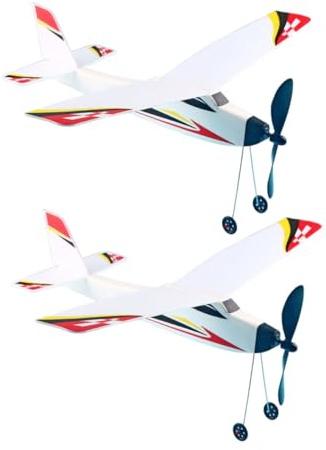 Mikinona 2Pcs Rubber Band Powered Foam Airplane Glider Outdoor Sports for Hand Eye Coordination and Active Play Easy to Assemble with Random Pattern Designs