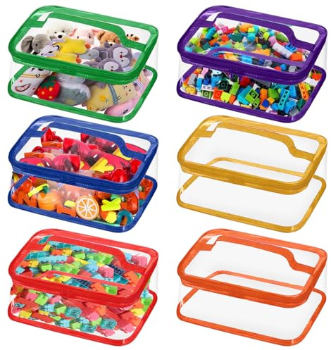 Zipper Toy Storage Bags with Handles, 6 Pack Reusable 9.1 x 6.7 x 3.9 inches Clear PVC Waterproof Organizing Travel Toiletry Bags for Toys, Puzzles, Building Blocks (6 colors) (B)