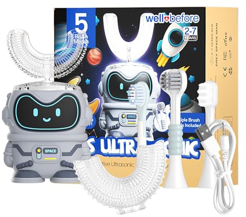 Well Before Kids U Shaped Electric Toothbrush with 5 Brush Heads, Ultrasonic, 5 Modes, IPX7 Waterproof Design (Spaceman, Grey Ages 2-7)