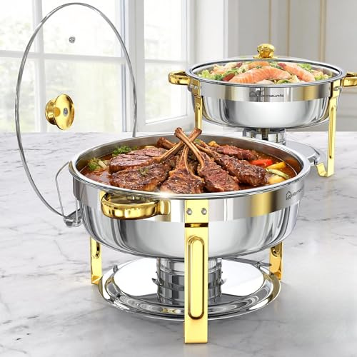 WARMOUNTS 6L Chafing Dish 2er Set Silber & Gold, Runder Speisenwärmer Edelstahl mit Glasdeckel, Stapelbarer Warmhaltebehälter Buffet Rechaud mit Deckelhalter für Gastronomie, Party, Hochzeit
