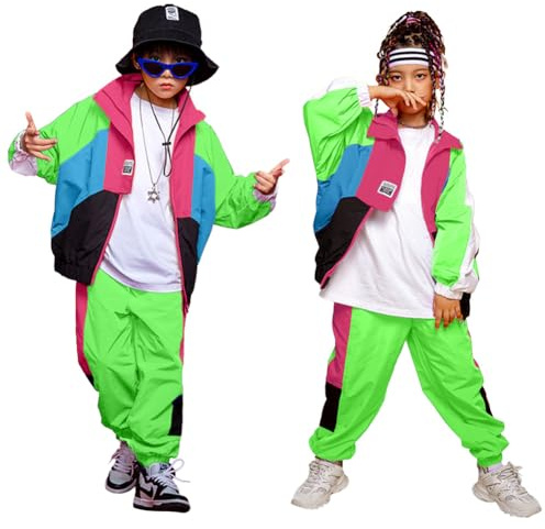 LOLANTA Conjunto Hip Hop Unisex para Niño y Niña - Ropa de Baile Urbano de 2 Piezas, Chaqueta Deportiva y Pantalón Jogger para Baile Callejero o Uso Diario,8-9,Verde Neón,140