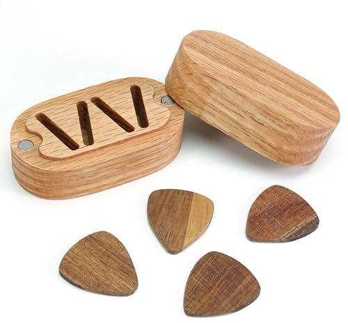 keepdrum Plektrum-Box mit 4 Gitarren-Picks aus Holz