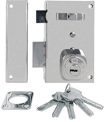 Amig - Serratura da sovrapposizione a sinistra con leva di chiusura, linguetta e maniglia per porte in legno mod. 75, 67 x 112 mm, cilindro rotondo di sicurezza, acciaio argentato