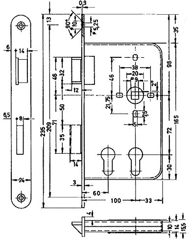 Einstemmschloss BMH 1015 PZW/2 PZ Funktion, links, DM 60/100, Edelstahl
