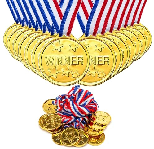 G4GADGET Strong Quality Set of 24 Gold Plastic Winner Medals Necklaces Sports Day Awards Star Classroom kids awards