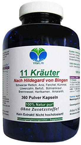 Hildegard von Bingen TOP 11 Kräuter & Bitterstoffe 360 Pulver Kapseln mit Löwenzahn, Rettich, Brennnessel, Flohsamen uvm. NATUR PUR. 26323