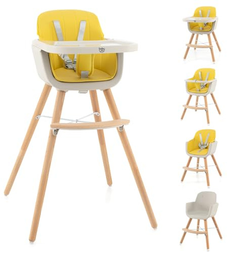 BABY JOY Convertible Baby High Chair, 3 in 1 Wooden Highchair/Booster/Chair with Removable Tray, Adjustable Legs, 5-Point Harness, PU Cushion and Footrest for Baby, Infants, Toddlers (Yellow)