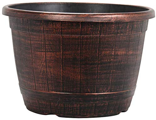 Muddy Hands Copper Wooden Barrel Effect Plant Pot Round Plastic Planter Outdoor Garden Flower Tree Herb (1, 13.2 Litre)