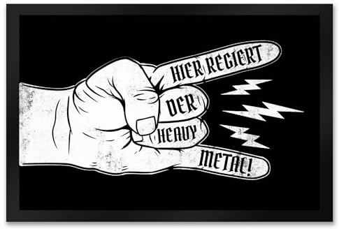 speecheese Hier regiert der Heavy Metal Fußmatte XXL in 50x75 cm mit Cooler Metalhand für echte Metalheads als Geschenkidee zum Geburtstag Rock Musik Black Heavy