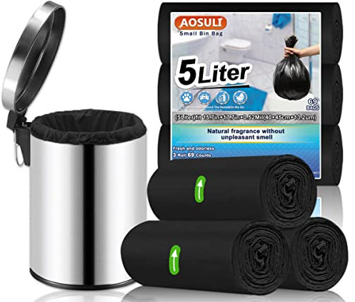 AOSULI Bolsas de basura pequeñas de 5 litros, 69 unidades, bolsas de basura negras para cocina, hogar, oficina, baño, césped, jardín, patio (se adapta a contenedores de 0.8, 1.5, 1.2 galones, 3