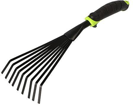 Mivos Hand-Fächerbesen aus Stahl mit 9 Elastische Zinken - Handrechen mit kurzem Stiel für Laub Unkraut Grasschnitt – Laubbesen für Garten - Arbeitsbreite 12 cm