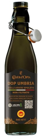 Costa d'Oro - DOP Umbria Colli Assisi-Spoleto 500 ml. Olio Extravergine di oliva non filtrato 100% italiano, sviluppato con Assoprol. Estratto subito dopo il raccolto, 0,5 L.