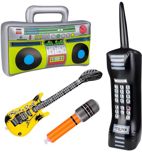 Dacitiery 4Stück Aufblasbares Rockstar Spielzeug, Aufblasbares Radio, Telefon, Gitarre, Mikrofon, 80er 90er Party Dekorationen, Hip Hop Kostüm für Rockmusik Karnevals Party Zubehör