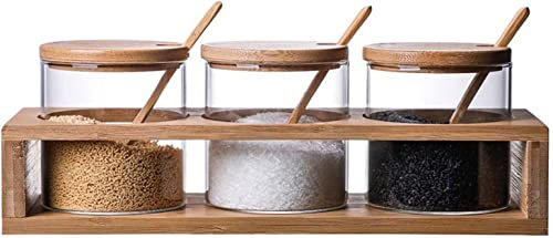 Lata de condimentos Bastidores de especias Juego de tarros de condimentos de vidrio transparente simple con tapa Soporte de madera Salero Botella de pimienta Caja de almacenamiento de chile Juego d