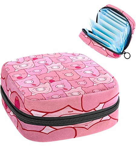 Pinke süße kleine Schweine-Schlafmuster, tragbar, Tampon-Aufbewahrungstasche für Damenbinden, Mehrfarbig, 4.7x6.6x6.6 in/12x17x17 cm