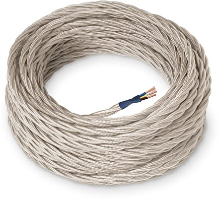 Amarcords - Textilkabel für Lampen ELFENBEIN, geflochten, Seide, 1 Meter, mit Erdung 3x1,50 - Großes Stoffkabel mit Vintage-Stoff überzogen