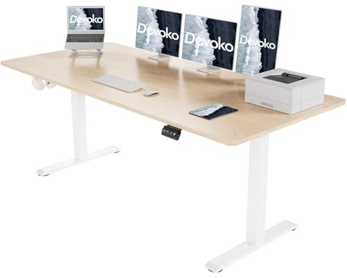 Devoko 140x60 cm Scrivania Regolabile in Altezza, Elettrica per Lavoro in Piedi,Standing Desk Scrivania Studio in Casa con Piano Assemblato, Beige