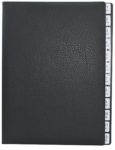 Pultordner mit Register 1-12 (Jan.-Dez.) aus genarbtem Vollrindleder in Schwarz, passend für DIN A4, Softcover mit dehnbarem Rücken, Register-Trennblätter aus schwarzer Kartonage