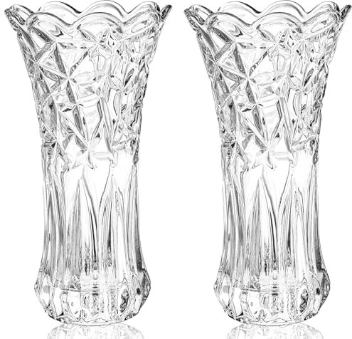 Dicunoy Set of 2 Glass Flower Vases, 9.5 Large Clear Crystal Rose Vase for Centerpieces, Modern Heavy Duty Tall Cylinder Flared With Heavy Base for Home, Living Room, Office