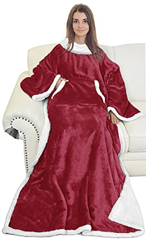 Catalonia Classy Wearable Blanket with Sleeves, Warm Sherpa Fleece Full Body Snuggle Blanket with Large Pockets, Double-Sided Blanket Gift for Women, 185 x 140 cm, Wine