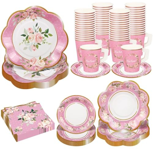 TWOWYHI 136Pcs Floral Tea Party Supplies for 25 Floral Tea Cups with Handle 9” 7” Floral Paper Plates Disposable Flower Cups and Saucers Sets for Garden Birthday Bridal Wedding,Pink