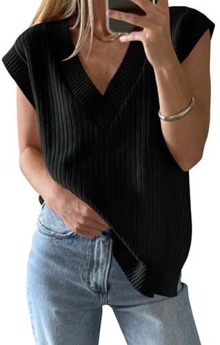 Saodimallsu Womens V Neck Sweater Vest Oversized Ribbed Knit Sleeveless Casual Loose Fit Pullover Tank Top Black