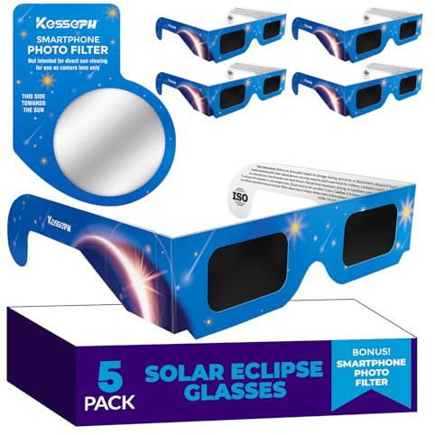 Kesseph Solar Eclipse Glasses Approved 2024, (5 Pack) CE and ISO Certified Solar Eclipse Observation Glasses, Safe Shades for Direct Sun Viewing, Bonus Smartphone Photo Filter Lens, Blue Stars Design